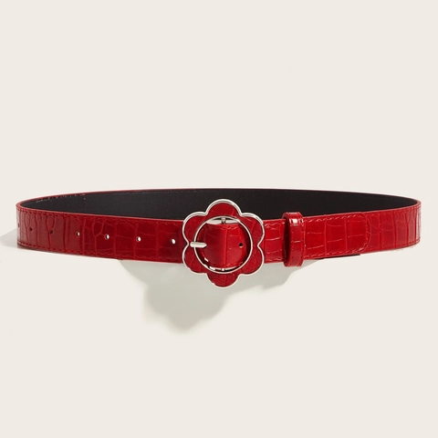 Women Fashion PU Leather Belt Floral Alloy Buckle Crocodile Embossed Pattern Punk Retro Hip Hop Adjustable Casual Waist Strap