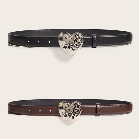 Vintage Women Faux Leather Belt With Silver Alloy Heart Buckle Hollow Out Embossed Floral Pattern Fashion Waist Strap