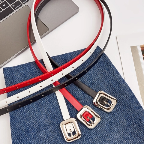 Women Fashion PU Leather Thin Belt Korean Style Retro Square Alloy Pin Buckle Versatile Decorative Waist Belt For Jeans Dresses