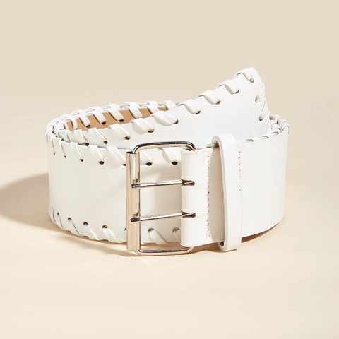 Vintage Women Wide PU Leather Belt Handmade Braided Edge Fashion Double Prong Buckle Waist Strap For Jeans Dress Accessories