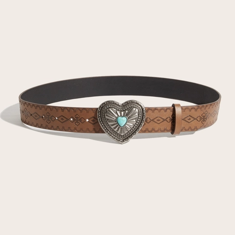 Vintage Western Faux Leather Belt With Large Heart Rhinestone Buckle Brown Embossed Pattern Waist Belt For Women Men