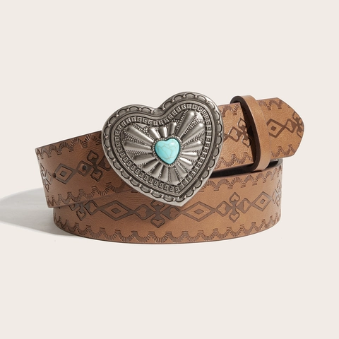 Vintage Western Faux Leather Belt With Large Heart Rhinestone Buckle Brown Embossed Pattern Waist Belt For Women Men
