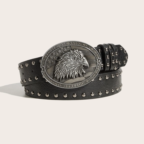 Punk Nietengürtel PU Leder Gürtel Mit Adler Schnalle Retro Western Stil Geprägte Flagge Design Herren Taillengürtel Hip Hop Mode