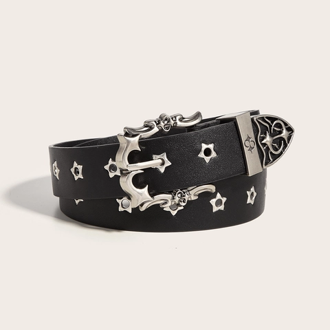 Cintura in Pelle PU Gothic Punk per Uomo Donna Rivetti a Stella Fibbia a Cuore Vuota Vintage Rock Star Hip Hop Moda