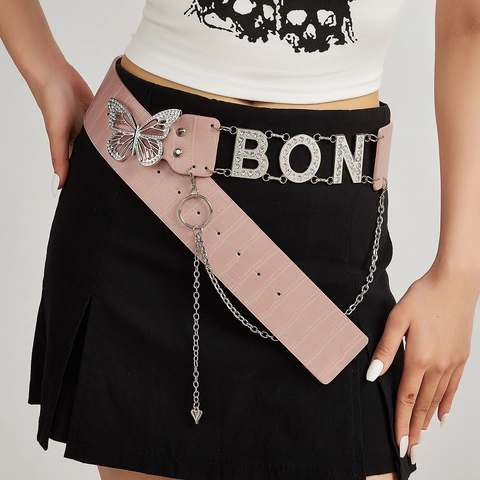 Women Wide PU Leather Belt Crocodile Pattern Rhinestone Butterfly BON Letter Metal Chain Y2K Punk Style Decorative Waistband