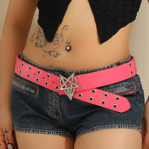 Y2K Star Rhinestone Belt For Women Punk Rock PU Leather Waistband With Heart Star Buckle Gothic Fashion Accessory