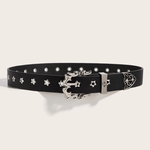 Cintura in Pelle PU Gothic Punk per Uomo Donna Rivetti a Stella Fibbia a Cuore Vuota Vintage Rock Star Hip Hop Moda