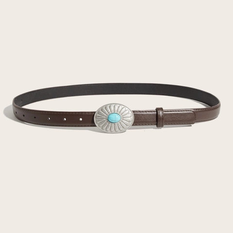 Ceinture Femme Style Bohème Vintage en Similicuir Avec Boucle Ovale en Alliage Gravée de Fleurs Turquoise Ceinture Rétro Style Occidental pour Jeans