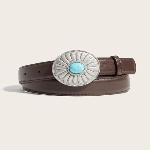 Ceinture Femme Style Bohème Vintage en Similicuir Avec Boucle Ovale en Alliage Gravée de Fleurs Turquoise Ceinture Rétro Style Occidental pour Jeans