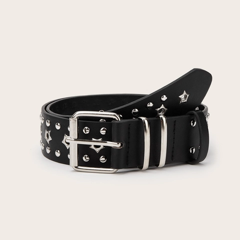 Ceinture Femme en Cuir PU Noir Punk Rock Vintage avec Rivets Étoile Argent Ceinture Mode Y2K Goth Boucle à Ardillon