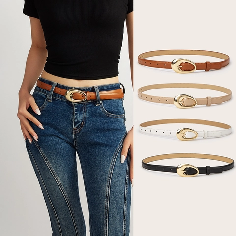 Cinturón Delgado de Cuero Sintético Vintage para Mujer Con Hebilla Ovalada Dorada Cintura Minimalista de Color Sólido para Jeans