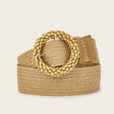 Ceinture Tissée Bohème pour Femmes Boucle Perlée Ronde Vintage Ceinture Élastique pour Robes Style Ethnique Ceinture Large