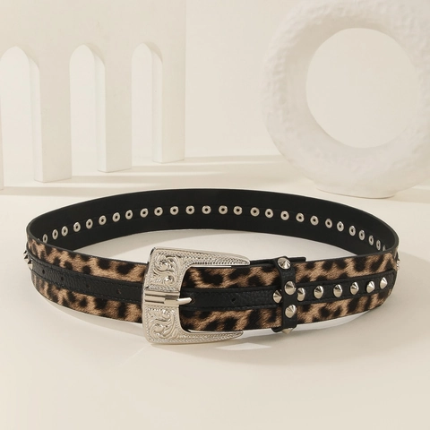 Damen Gürtel Mit Leopardendruck PU Leder Gürtel Mit Strass Vintage Geschnitzte Schnalle Punk Rock Nieten Modeaccessoire