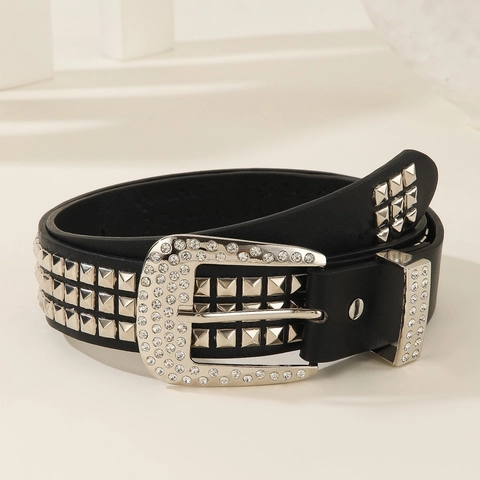 Punk Rhinestone Studded Belt For Women Gothic Y2K PU Leather Waistband With Square Metal Rivets Bling Buckle Fashion Hip Hop
