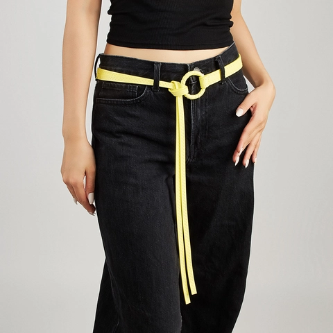 Damen Y2K Retro Kunstleder Schmal Gürtel Lack Runde Schnalle Knoten Bund Mit Zickzack-Nähten Trendiges Accessoire