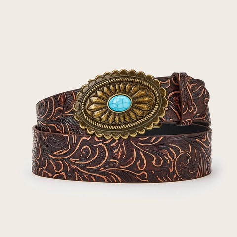 Cintura da Cowboy Western in Pelle PU Vintage da Donna Cintura Boemia Con Strass e Rivetti Goffrati Floreali e Fibbia Turchese