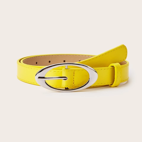 Women Retro Minimalist Faux Leather Thin Belt Solid Yellow Waistband With Silver Oval Alloy Pin Buckle For Casual Jeans