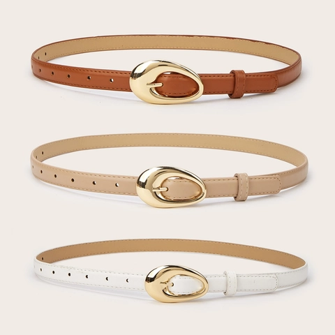 Cinturón Delgado de Cuero Sintético Vintage para Mujer Con Hebilla Ovalada Dorada Cintura Minimalista de Color Sólido para Jeans