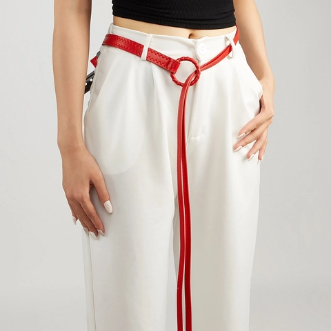 Damen Y2K Retro Kunstleder Schmal Gürtel Lack Runde Schnalle Knoten Bund Mit Zickzack-Nähten Trendiges Accessoire