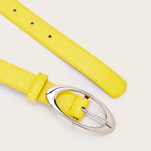 Women Retro Minimalist Faux Leather Thin Belt Solid Yellow Waistband With Silver Oval Alloy Pin Buckle For Casual Jeans