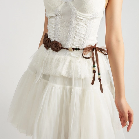 Cintura a Corda Intrecciata Etnica Boema Donna Fiore in Tessuto Perline Regolabile in Ecopelle a Nastro Decorativa