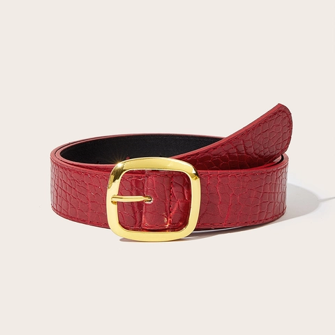 Damen Retro Roter Kunstleder Gürtel Krokodilmuster Goldene Metallschnalle Ethno Stil Jeans Accessoire Mode Kleid Taillengürtel