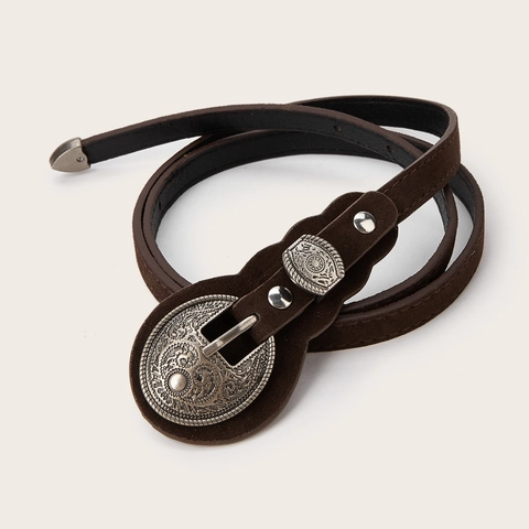 Vintage Women Suede Corset Belt Engraved Alloy Buckle Western Bohemian Style Slim Waist Band For Dress Skirt Accessories