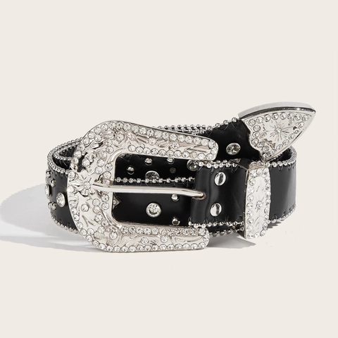 Women Rhinestone Belt Y2K Western Cowboy Style Studded PU Leather Waistband Gothic Cross Diamond Belt With Retro Alloy Buckle