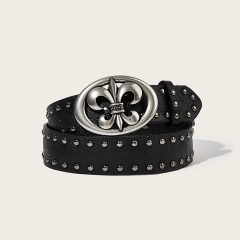Men Punk PU Leather Belt Double Row Rivets Alloy Snap Buckle With Fleur-De-Lis Decor Hip Hop Casual Rock Waistband