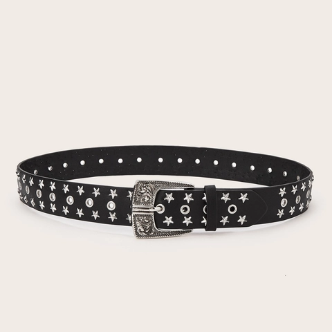 Vintage Punk Western PU Leather Star Studded Belt For Women Retro Carved Buckle Rhinestone Grommet Hip Hop Waist Belt