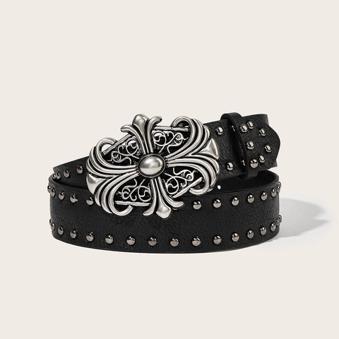 Men Punk Rock Rivet PU Leather Belt Vintage Cross Buckle Gothic Black Studded Waistband Strap Hip Hop Trouser Jeans Belt