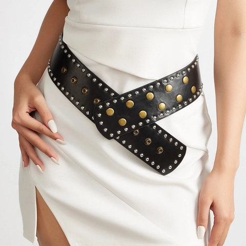 Cinturón Ancho Punk con Tachuelas para Mujer de Cuero Sintético con Remaches y Ojales Retro Rock Accesorios de Moda Callejera