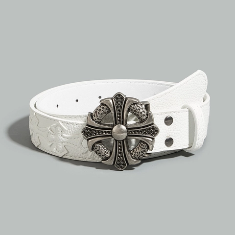 Cintura da Uomo Punk in Pelle PU Con Fibbia a Croce Gotica Cinturino Con Fiori Retrò in Rilievo Borchie a Stella Accessorio Hip Hop