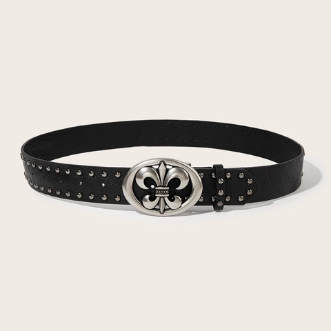 Men Punk PU Leather Belt Double Row Rivets Alloy Snap Buckle With Fleur-De-Lis Decor Hip Hop Casual Rock Waistband