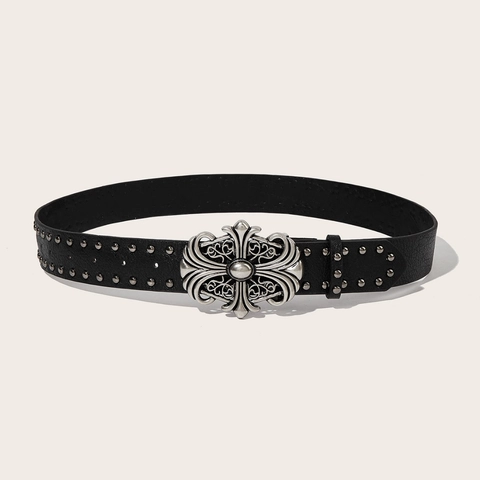 Men Punk Rock Rivet PU Leather Belt Vintage Cross Buckle Gothic Black Studded Waistband Strap Hip Hop Trouser Jeans Belt