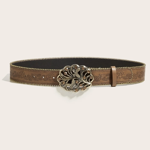 Ceinture En Similicuir Rétro Avec Boucle En Alliage De Papillon Ajourée Floral Gauffré Strass Femme Taille Punk Pour Jeans