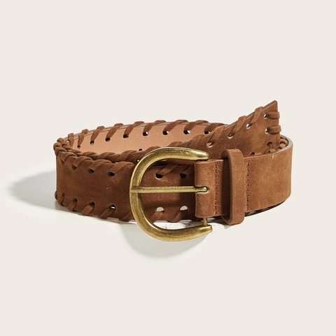 Cinturón de Mujer de Cuero PU Vintage Con Bordes de Punto de Látigo Cinturón Decorativo Estético Retro para Jeans Estilo Bohemio