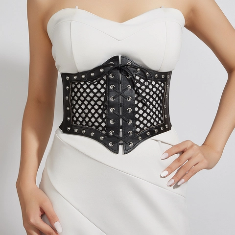 Cintura a Corsetto in Rete con Allacciatura a Rivetti Punk Retrò da Donna Cintura Elastica Larga Modellante in Pelle Artificiale