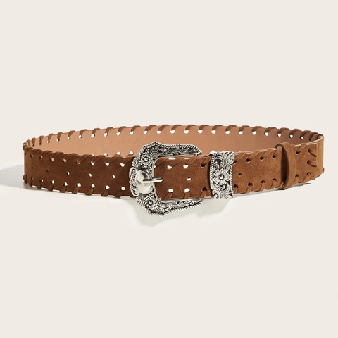 Cintura in Pelle PU Vintage Bohémien per Donna Con Fibbia ad Ardiglione in Lega Incisa Stile Cowboy Occidentale Intrecciata