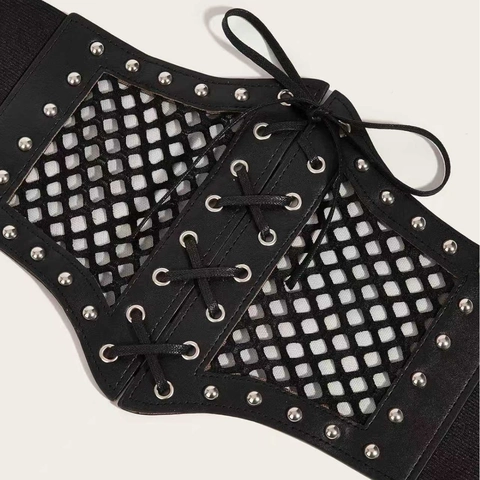 Cintura a Corsetto in Rete con Allacciatura a Rivetti Punk Retrò da Donna Cintura Elastica Larga Modellante in Pelle Artificiale