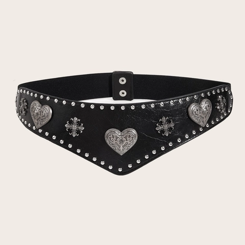 Cintura a Corsetto in Ecopelle Nera da Donna Vintage Gothic con Fibbia in Lega a Cuore e Croce Borchie Elastica Larga