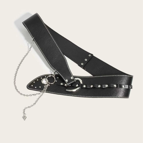 Women Punk Gothic Black Artificial Leather Corset Belt Alloy Chain Rivet White Stitching Retro Wide Waistband For Party