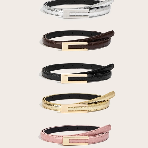 Women Slim PU Leather Belt With Crocodile Pattern Minimalist Rectangular Alloy Buckle Korean Style Decorative Waist Strap