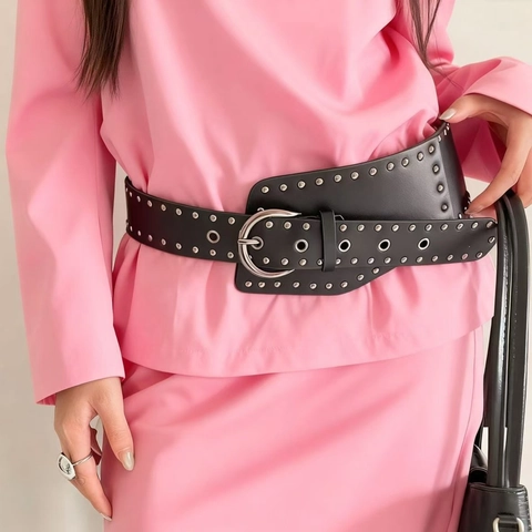 Women Black Faux Leather Wide Corset Belt Trendy Punk Studded Waist Cincher With Silver Metal Buckle Eyelets For Dresses