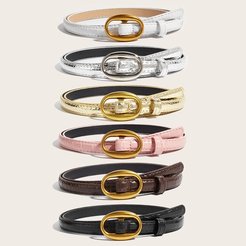 Women PU Leather Thin Belt Crocodile Pattern Vintage Fashion Waist Belt With Alloy Oval Buckle For Jeans Dresses Daily