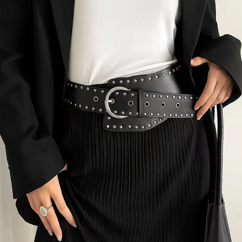 Women Black Faux Leather Wide Corset Belt Trendy Punk Studded Waist Cincher With Silver Metal Buckle Eyelets For Dresses