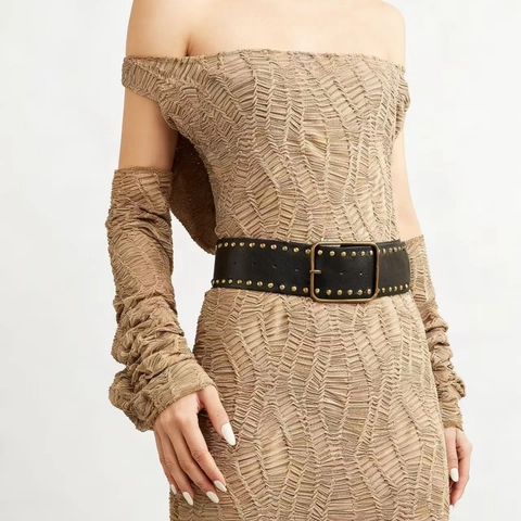Cinturón Ancho de Remaches Punk para Mujer Cuero Sintético Vintage con Tachuelas y Hebilla Grande de Pasador de Aleación Accesorio Decorativo de Hip Hop