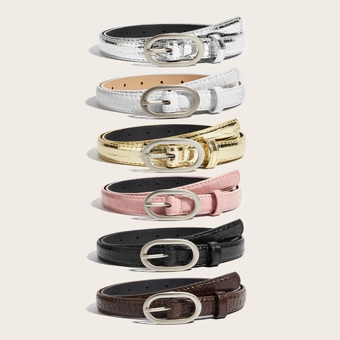 Ceinture Fine en Cuir PU pour Femmes Avec Boucle en Alliage Perles Artificielles Motif Crocodile pour Robes Jeans