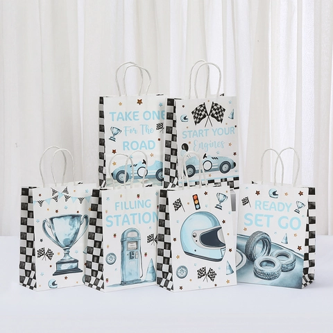 Racing Car Theme Kraft Paper Gift Bags For Birthday Party Handheld Treat Bags With Handles Racing Patterns Wrap Bag
