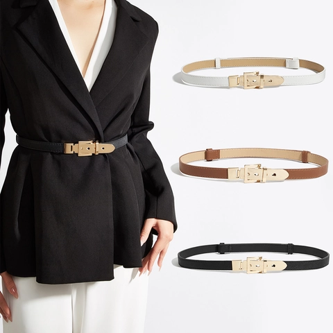 Cintura da Donna Sottile in Pelle PU con Fibbia in Metallo Regolabile Motivo Saffiano Cintura Decorativa per Abiti Completi Moda